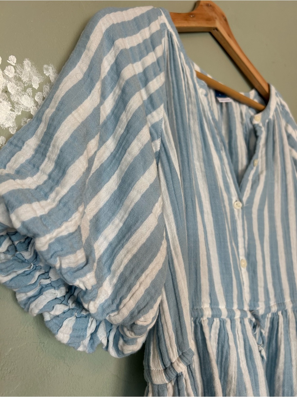 Blue & White Striped Puffed Sleeve Gauze Dress - Picture 7 of 7